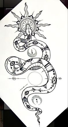 a drawing of a snake with sun and moon on it's head, surrounded by other drawings