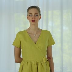 "Spring dress, Write the selected color in the message Handmade yellow wrap dress with short sleeves, 2 pockets and belt , perfect for casual wear and suitable for any occasion in any season Details: - 100% natural linen produced in Europe ; - medium weight (180 gram per square meter); - color: yellow, could be any from our colors catalog (color samples at the photo); Made to order, approximately a few days, If you have any questions please message me and I will be glad to answer. Size guide : S Spring Short Sleeve Linen Dress With Belt, Spring Short Sleeve Belted Linen Dress, Belted Linen Dress For Summer, Short Sleeve Linen Dress For Spring, Lightweight Linen Wrap Dress For Spring, Summer Linen Dress With Short Sleeves And Tie Waist, Short Sleeve Linen Dress With Tie Waist, Summer Linen Dress With Short Sleeves, Casual Linen Wrap Dress With Short Sleeves