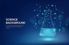 science background with glass flask and geometric shapes on blue background, eps1089