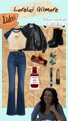 a collage of items including jeans, boots and lipstick are featured in this image