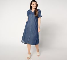 Looks like denim... feels like a dream. Elevate your casual chic options with this laid-back button-front midi dress. From the Joan Rivers Classics Collection®. Summer Denim Blue Shirt Dress For Daywear, Denim Blue Shirt Dress For Summer Daywear, Denim Blue Shirt Dress For Summer, Spring Midi Dress With Buttons And Relaxed Fit, Summer Denim Dress For Daywear With Button Closure, Summer Denim Dress With Button Closure For Daywear, Relaxed Fit Denim Dress With Buttons For Daywear, Casual Midi Dress With Button Closure For Daywear, Casual Denim Midi Length Shirt Dress