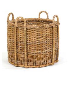 a round wicker basket with handles on the sides and two handles at the top