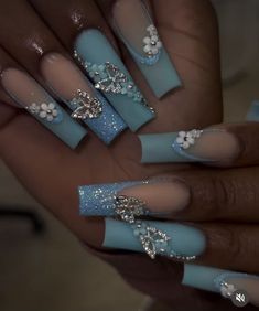 Quinceanera Nails Dark Blue, Mikela Core, Cinderella Theme Nails, Coffin Shape Nails Long, Blue Quinceanera Nails, Light Blue Quince Nails, Blue Crystal Nails, Spring Beach Nails