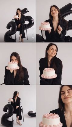 a woman holding a cake in front of her face and posing for pictures with the camera