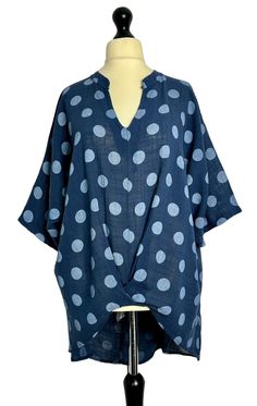 . In a lightweight cotton fabric in a vibrant polka dot pattern , loose fitting tunic top style with a gathered pleat on the front bottom hem and a dipped hem at the back  . One size plus - to fit UK sizes 16 18 20 22 . Bust measures : 58 inches  . Length from back of neck to bottom hem : 34 inches  . Brand new with tags Relaxed Fit Cotton Blouse With Polka Dot, Relaxed Fit Cotton Blouse In Polka Dot, Polka Dot Cotton Blouse With Relaxed Fit, Cotton Polka Dot Blouse With Relaxed Fit, Dip Hem Top, Uk Size 16, Front Bottoms, Hem Top, Blue Polka Dots