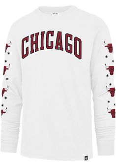 Support your Chicago Bulls in this White Long Sleeve Fashion Tee! This City Edition Downtown Franklin Fashion T Shirt features a soft material with a crew neckline and screen printed team graphics. Be ready to shout "Go Bulls" when you wear this Chicago Long Sleeve Fashion T Shirt in the stadium or on the street. Screen printed team graphic on center chest, Officially Licensed, 47 Branding Logo on Lower Left Waist, Comfortable Material, Unisex, Fit: True to Size, 100% Cotton, Machine Washable, 4 Long Sleeve T-shirt With Team Logo For Streetwear, Long Sleeve Graphic Print T-shirt For Sports Fans, Sporty Long Sleeve T-shirt With Team Logo, White Long Sleeve T-shirt For Sports Season, White Team Logo Top For Streetwear, White Top With Team Logo For Streetwear, White Streetwear Top With Team Logo, Graphic Print Crew Neck Top For Fans, White Jersey Athleisure Top