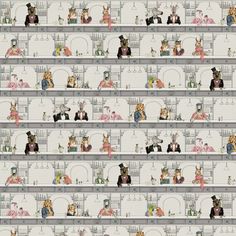 a wallpaper with many pictures of people and animals in different rooms, all on top of each other