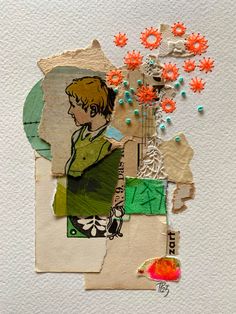 an altered collage with flowers and pictures on it's side, including the image of a boy in green shirt