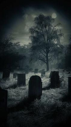 an old cemetery with tombstones in the foreground and a full moon in the background