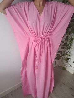 Cotton kaftan Cotton Beachwear Maxi Dress For Daywear, Cotton Maxi Dress For Daywear And Beachwear, Cotton Maxi Dress For Beach Daywear, Pink V-neck Tunic For Beach Cover-up, Summer Oversized Cotton Maxi Dress, Oversized Cotton Summer Maxi Dress, Summer Cotton Kaftan For Home, Pink Tunic Maxi Dress For Summer, Pink Summer Tunic Maxi Dress