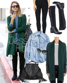 Jessica Alba's green cardigan, chambray shirt and black skinny jeans look for less Green Cardigan Outfit, Black Cardigan Outfit, Winter Cardigan Outfit, Cardigan Verde, Cardigan Fall Outfit, Revival Clothing, Outfit Cardigan, Chambray Shirt Dress, Jeans Look