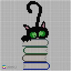 a cross stitch pattern with a cat on top of a stack of books in the shape of a book