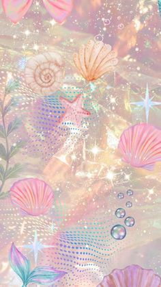 an abstract painting with shells and stars