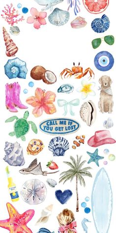 an assortment of sea animals and seashells on a white background with the words, call me to you get lost