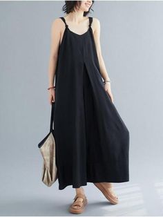 Loose Simple Solid Wide Leg Jumpsuits - rrdeye Summer Plain Jumpsuits And Rompers, Black Cotton Jumpsuit For Summer, Black V-neck Jumpsuits For Summer, Black Solid Color Overall Jumpsuit, Black Solid Color Jumpsuits And Rompers, Black Relaxed Fit Jumpsuits And Rompers, Chic Black Cotton Jumpsuits And Rompers, Black Overall Jumpsuit Or Romper, Baggy Black Jumpsuits And Rompers For Summer