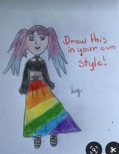 a drawing of a girl wearing a rainbow dress