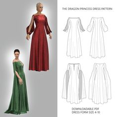 the dragon princess dress pattern is available in sizes ranging from small to large, and has long sleeves