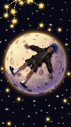 a person laying on the moon with stars in the sky behind them and writing on it