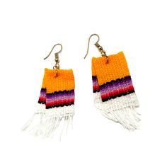 Handmade Mexican Earrings - Serape Jewelry Mexico Orange Adjustable Multicolor Fair Trade Earrings, Fair Trade Orange Jewelry Gift, Orange Fair Trade Jewelry Gift, Artisan Multicolor Dangle Earrings, Traditional Colorful Festival Earrings, Multicolor Southwestern Summer Jewelry, Unique Handwoven Multicolor Earrings, Traditional Handwoven Multicolor Earrings, Unique Multicolor Handwoven Earrings