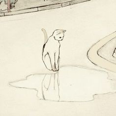 a black and white drawing of a cat standing on the edge of a puddle with its reflection in it