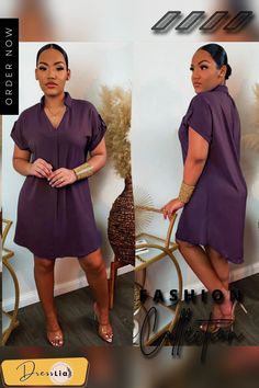 Simple Solid Color Short Sleeve Loose Pullover Dresses Casual Purple Midi Dress For Work, Loose Pullover, Color Shorts, 1 Million, Solid Color, Dresses, Color