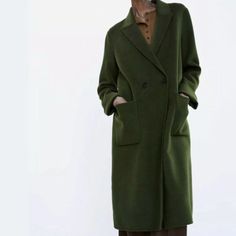 Women’s Zara Longline Double Breasted Menswear Coat Overcoat Green Size Large. Sold Out/Retired Style. Brand New Without Tags. New Condition. Wide Coat. Lapel Collar. Long Sleeves. Front Patch Pockets. Double Breasted Button Closure. 45% Wool. 32% Polyester. 23% Viscose. Green Winter Workwear Blazer, Green Winter Blazer For Work, Green Outerwear With Notch Lapel And Hidden Buttons, Green Outerwear With Hidden Button Closure And Notch Lapel, Classic Green Winter Outerwear, Green Wool Coat With Pockets For Fall, Lapel Collar Sweater Coat With Button Closure For Work, Spring Workwear Sweater Coat With Lapel Collar, Green Outerwear With Button Closure For Business