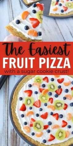 the easy fruit pizza with a sugar cookie crust is ready to be eaten and served