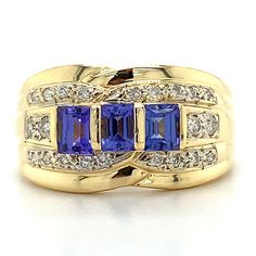 Le Vian 18k Yellow Gold Tanzanite With Vanilla Diamond Ring 6 Grams Ring Size 7.5 3 Stone Emerald Cut Tanzanites   Round Vanilla Diamonds  This is a beautiful Le Vian ring. The ring is stamped and has been polished to look brand new. The tanzanites are slightly abraded. This is an absolutely gorgeous ring that is being sold for a fraction of its retail value! If you have any questions or concerns please do not hesitate to ask.  serial number: AJ1036693 Yellow Gold Tanzanite Rings With Brilliant Cut, Fine Jewelry Tanzanite Three Stone, Yellow Gold Tanzanite Diamond Ring With Accent Stones, Luxury Three Stone Gemstones For Anniversary, Anniversary Three-stone Tanzanite Jewelry, Fine Jewelry Yellow Gold Tanzanite Rings, Yellow Gold Three Stone Gemstones Fine Jewelry, Gold Three Stone Gemstones For Anniversary, Tanzanite Three-stone Ring For Anniversary