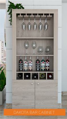 an image of a bar cabinet with glasses and bottles on it in front of a cityscape