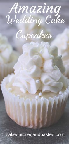 cupcakes with white frosting on top and the words amazing wedding cake cupcakes