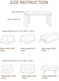 the tablecloth size guide for tables and chairs is shown in three different sizes, including one