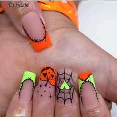 Halloween Nails 2024 Square, Medium Coffin Halloween Nails, Square Shape Acrylic Nails, Simple October Nails, Halloween French Tip, Shape Acrylic Nails, Fake Nails Square, Nails Pumpkin, Nails October