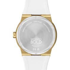 Achieve a stylish minimalist look with this simple yet chic men's Movado Bold® Fusion two-toned ceramic white strap watch with a white dial. The white dial features gold-toned hands and markers, a date display and a signature sunray dot. 42.0mm gold-toned ion-plated stainless steel case with K1 mineral crystal and a white ceramic bezel Swiss quartz movement keeps accurate time. The white silicone strap secures with a gold-toned buckle clasp. Water resistant to 50 meters, this watch includes a 2-year limited manufacturer's warranty. We are an authorized Movado dealer. Movado Bold, White Dial, Minerals Crystals, Quartz Movement, Stainless Steel Case, White Ceramics, Two Tone, Markers, Water Resistant