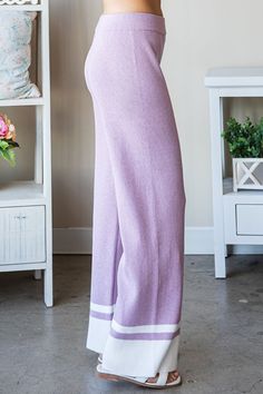 These Contrast Ribbed Knit Pants are a trendy and comfortable addition to your wardrobe. The contrast detailing along the ribbed knit design adds a stylish touch to these cozy pants. Made from soft and stretchy fabric, they provide a flattering fit and all-day comfort. The ribbed texture adds a subtle yet chic element Ribbed Knit Pants, Cozy Pants, Pale Lilac, Cardigan Crop Top, Cardigan Crop, Ribbed Texture, Knit Pants, Hoodie Top, Knitting Designs