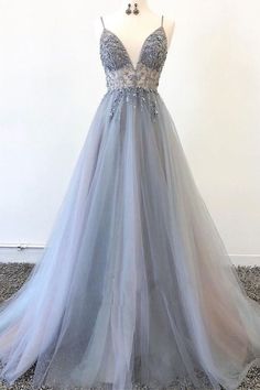 Grey Evening Dresses, Popular Prom Dresses, Prom Dress Black, Grey Prom Dress, Sparkly Prom Dresses, Tulle Evening Dress, Beaded Prom Dress, Evening Dress Fashion, Pretty Prom Dresses