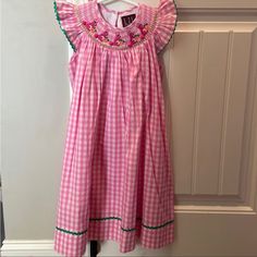 Super Cute Easter Dress! Pink Gingham With Green Piping And Smocked Pink Bunnies Around Collar. Never Worn! Cute Gingham Smocked Dress With Ruffles, Spring Plaid Cotton Smocked Dress, Cute Gingham Smocked Dress, Cute Gingham Smocked Cotton Dress, Cute Cotton Smocked Dress In Gingham, Cactus Dress, Cute Easter, Easter Dress, Pink Gingham