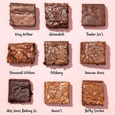 brownies with different toppings are arranged on a pink background, labeled in their names