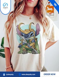 a woman wearing a t - shirt with an image of a cartoon character on it