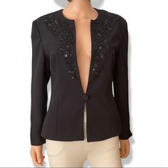 Nwot Talbots Black Evening Beaded Jacket, Beaded Front And Cuffs, 1 Material Button Closure, Lined, Size 10, See Photo’s For Detailing, Excellent Condition Flawless Measurements Length 23” Shoulder/Shoulder 17” Sleeve 23” Bust 19 1/2” Measured Flat, No Trade, Smoke And Pet Free Environment M Luxury Evening Blazer Button-up, Beaded Tuxedo Jacket, Evening Jacket, Beaded Jacket, Evening Jackets, Beaded Applique, Street Style Chic, Western Dresses, Neck Designs