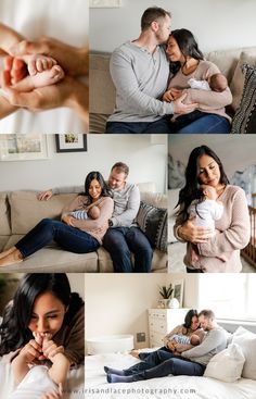 a collage of family photos with their baby and mother's hand on her chest