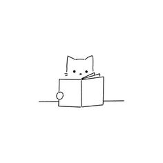 a black and white drawing of a cat sitting on top of a box reading a book