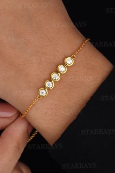 Diamond Bracelet with Thin Chain, Five Moissanite Bracelet in 14k Gold in bezel setting Layering bracelet Diamond Bezel Bracelet for women Diamond Bezel Bracelet, Moissanite Bracelet, Silver Diamond Bracelet, Bezel Bracelet, Bracelet For Her, Set Bracelet, Bracelet Diamond, Cz Bracelet, Bracelet Wedding