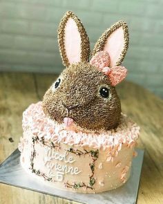 a cake shaped like a bunny with pink frosting