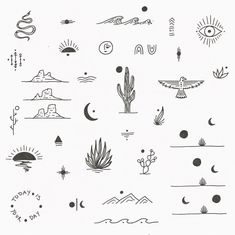 a collection of hand drawn designs and symbols