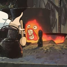 a cartoon character is standing in front of a fire