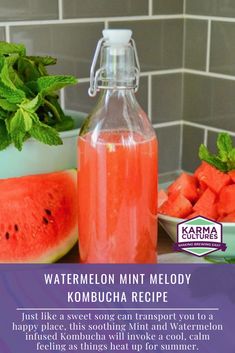 a bottle of watermelon mint melody kombucha recipe next to sliced watermelon