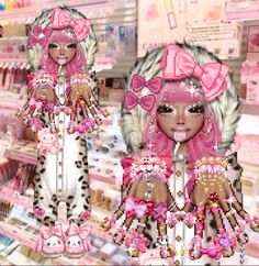 two dolls are dressed up in pink and leopard print outfits, one is holding a cupcake