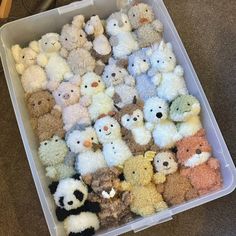 a plastic container filled with lots of different colored stuffed animals on top of a carpet