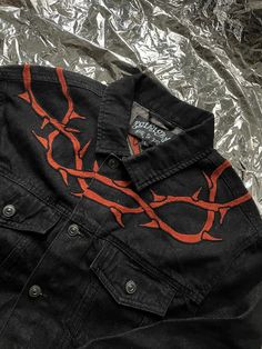 Crown Ov Thorns chainstitch embroidered jacket on a distressed denim jacket with  wool thread. Stains and discoloration on light denim are from bleach and pigment. This jacket is brand new and has never been worn. Jacket is offered in distressed light denim and black wash denim. Denim jackets can slightly vary from ones that have been posted in photos. However, all sizes are true to fit. Base thread color and contrasting thread color optional.  PLEASE feel free to message me if you don't see thr Embroidered Denim Jacket For Winter Streetwear, Painted Clothes Diy, Battle Jacket, Diy Clothes Design, Guys Clothing Styles, Wool Thread, Painted Clothes, Distressed Denim Jacket, Embroidered Jacket