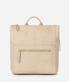 a beige bag with two zippers on the front